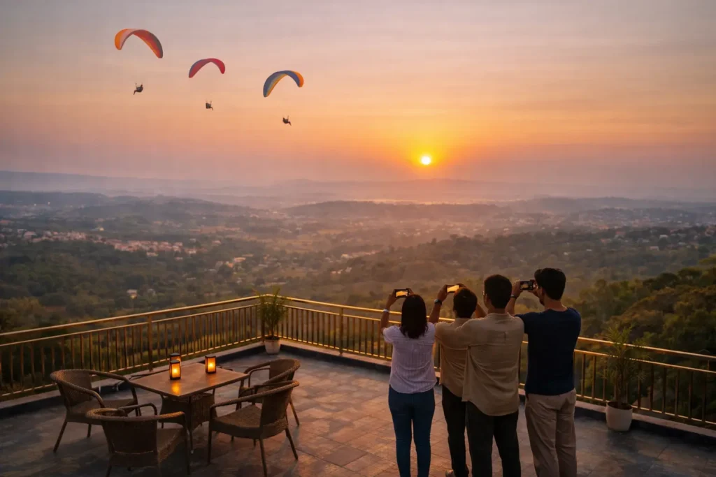 Sunset view from the rooftop at Serene Vista Dharamshala